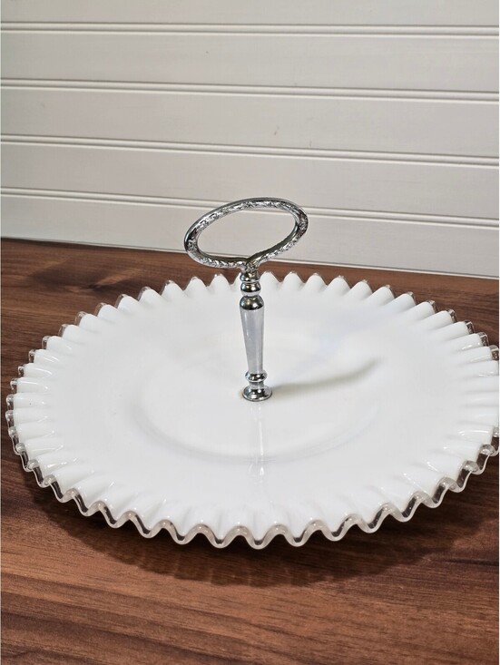 Fenton Other - Vintage Fenton Silver Crest Milk Glass Handled Tidbit Platter Ruffled Tray